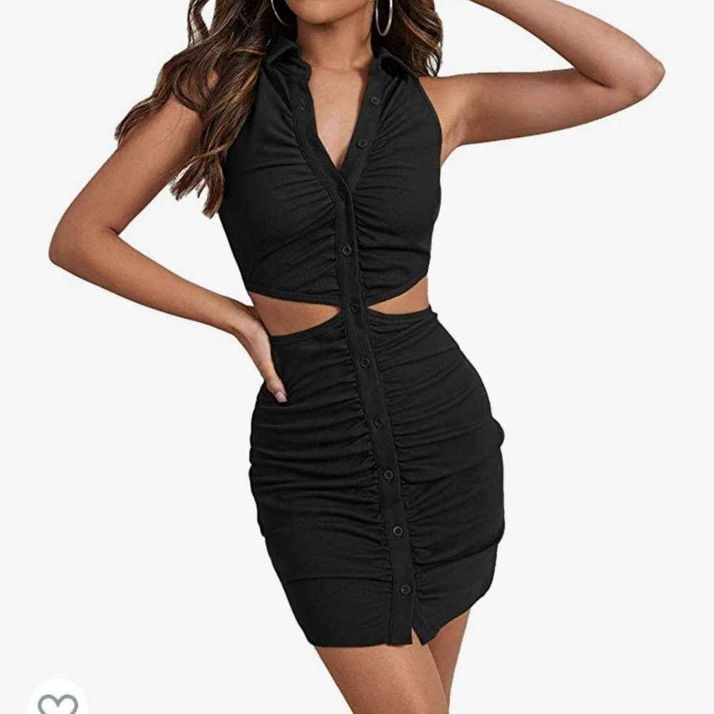 SHEIN Ruched Cutout Mini Dress Sleeveless Collar Button Down Bodycon Size Small - Picture 6 of 14